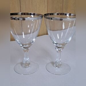 2 MCM Fostoria Wedding Ring Crystal Water Goblet Silver Platinum Trim 6 1/2"